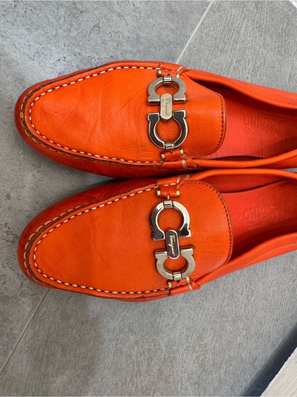 Salvatore Ferragamo Orange Gancini Leather Loafers Size 8